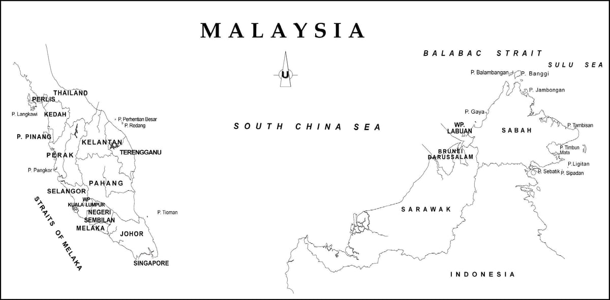 mappa di contorno, mappa della malesia, con i confini dello stato